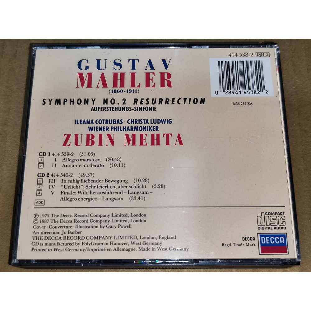 全銀圈 Mehta 梅塔 Cotrubas Ludwig Mahler 馬勒 第2號交響曲 復活 維也納愛樂 2CD D-細節圖2