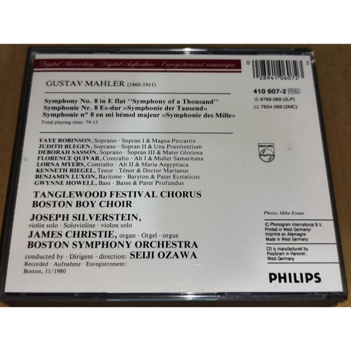 全銀圈 小澤征爾 Mahler 馬勒 第8號交響曲 千人 波士頓交響 2CD Philips 西德無字01版 無IFPI-細節圖2