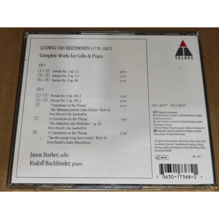 Starker 史塔克 Buchbinder Beethoven 貝多芬 大提琴奏鳴曲全集 2CD Teldec 德版-細節圖2