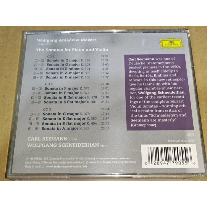 Schneiderhan 許奈德罕 Seemann Mozart 莫札特 小提琴奏鳴曲 3CD DG 德EDC01版-細節圖2