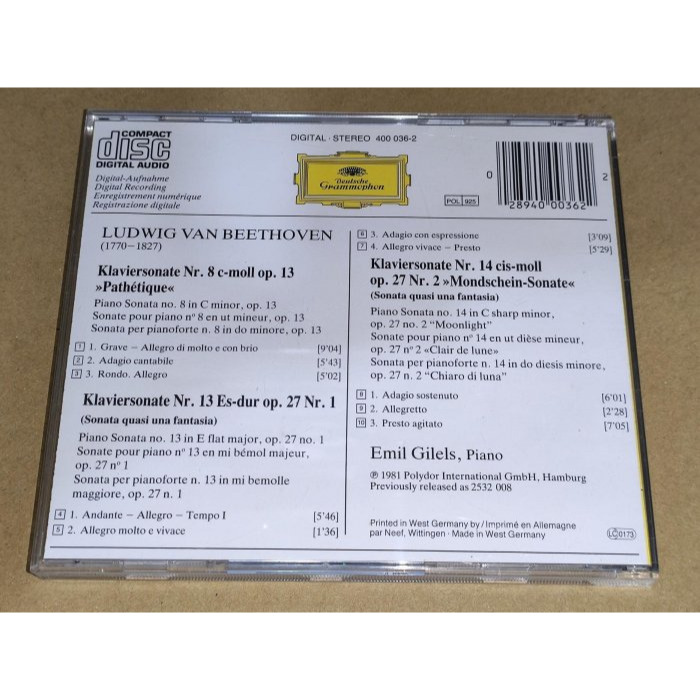 好音悅 半銀圈 吉利爾斯 Gilels 貝多芬 Beethoven 鋼琴奏鳴曲 悲愴 月光 DG 德PMDC版-細節圖2