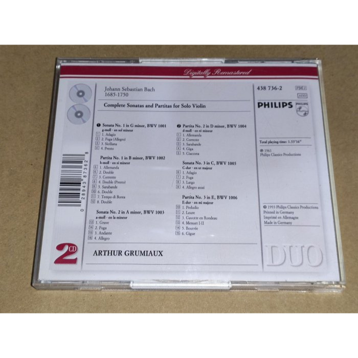 好音悅 半銀圈 Grumiaux 葛羅米歐 Bach 巴哈 無伴奏小提琴奏鳴曲 2CD Philips 德PMDC01版-細節圖2