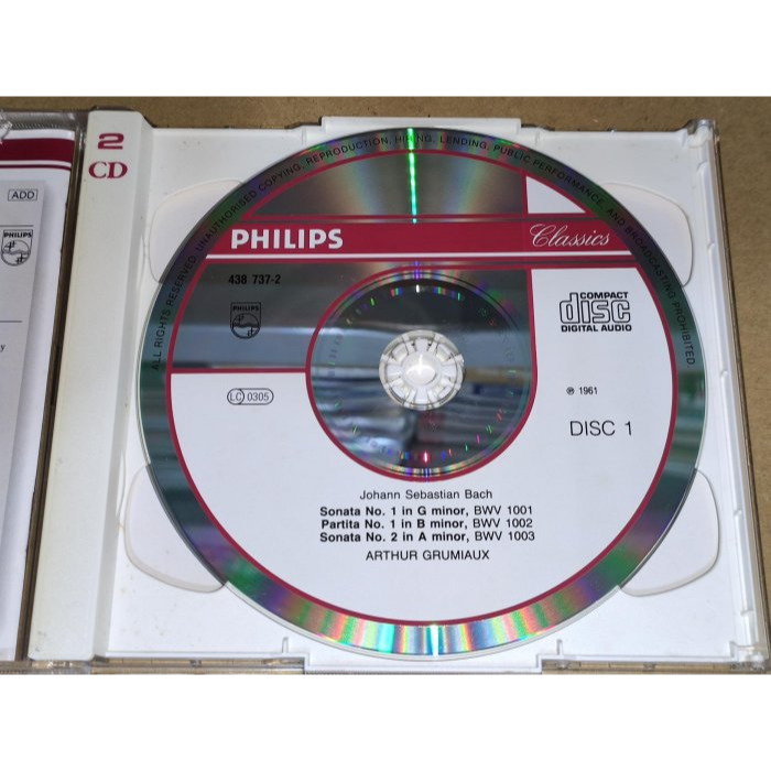 好音悅 半銀圈 Grumiaux 葛羅米歐 Bach 巴哈 無伴奏小提琴奏鳴曲 2CD Philips 德PMDC01版-細節圖3