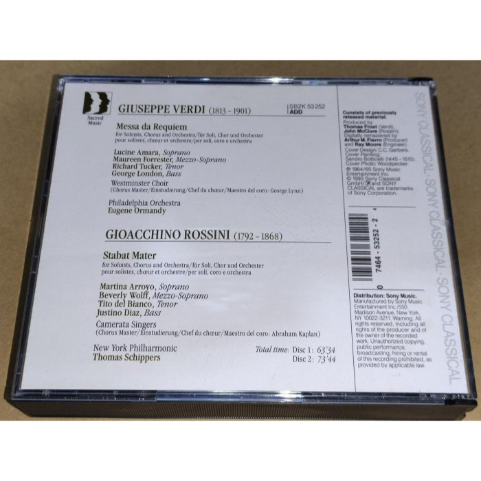 好音悅 Ormandy 奧曼第 Verdi 威爾第 Requiem 安魂曲 費城管弦 SONY 2CD 美版 無IFPI-細節圖3