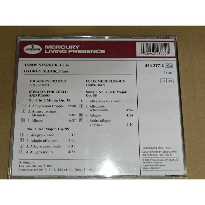 好音悅 半銀圈 Starker 史塔克 Sebok 布拉姆斯 孟德爾頌 大提琴奏鳴曲 Mercury 德01版-細節圖2