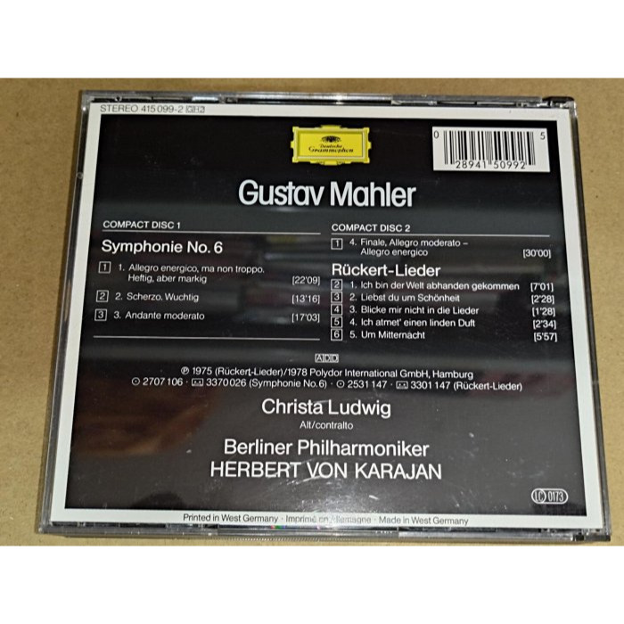 全銀圈 Karajan 卡拉揚 Ludwig Mahler 馬勒 第6號交響曲 呂克特之歌 柏林愛樂 DG 2CD 德版-細節圖2