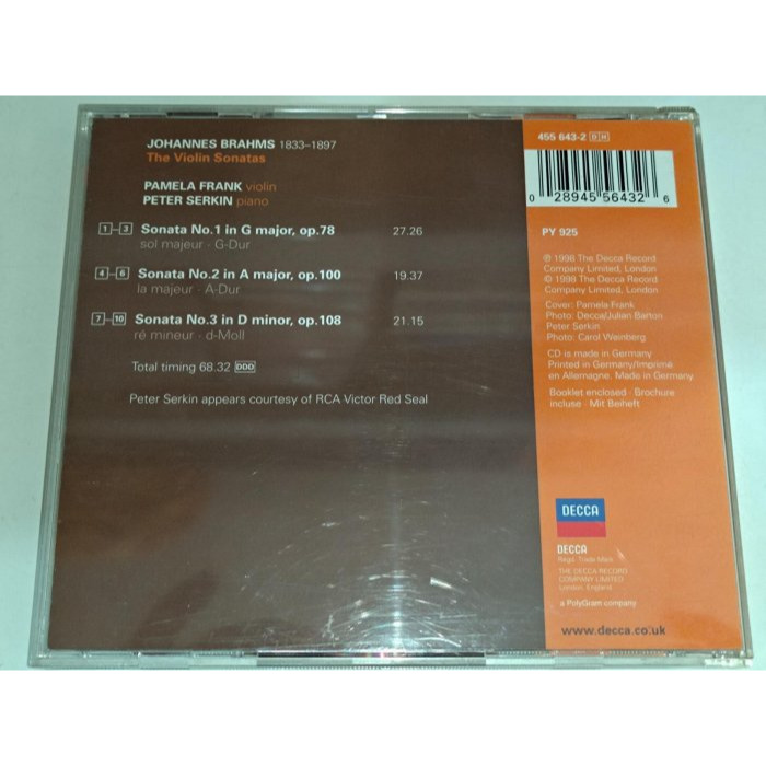 好音悅 半銀圈 Peter Serkin Pamela Frank Brahms 布拉姆斯 小提琴奏鳴曲 DECCA 德-細節圖2