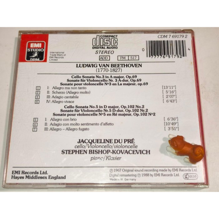 好音悅 Du Pré 杜普蕾 Kovacevich 寇瓦謝維契 貝多芬 第3&5號大提琴奏鳴曲 EMI 西德版 無IFP-細節圖2