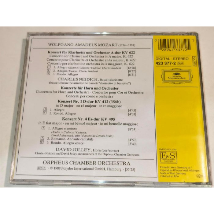 文本齋 Neidich Jolley 莫札特 Mozart 單簧管協奏曲 第1&4號法國號協奏曲 奧菲斯室內樂團 DG-細節圖2