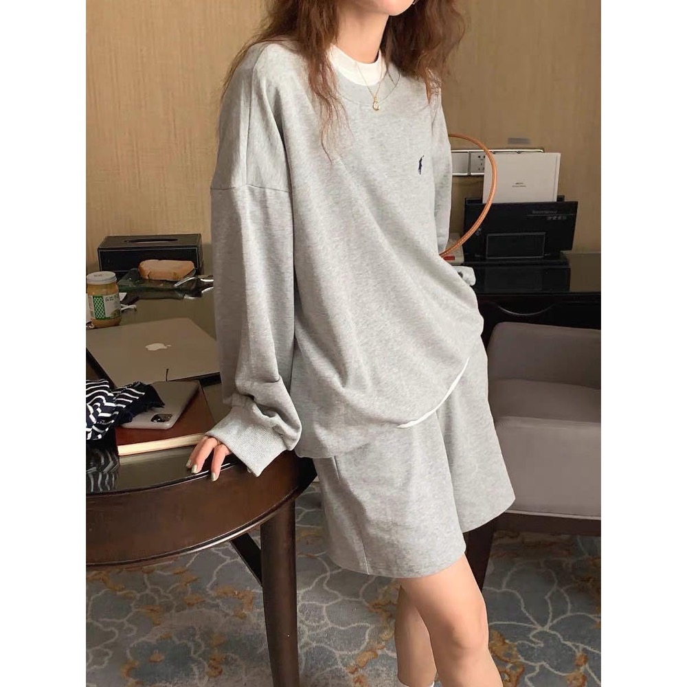 RL polo 經典款戰馬美式復古小馬標寬松長袖T 衛衣 休閒短褲 運動短褲 套裝 上衣，清爽有氣質-細節圖3