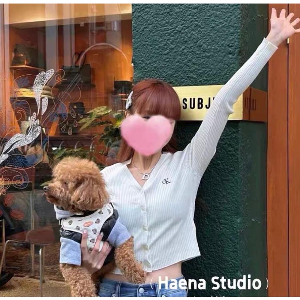 blackpink Jennie CK針織衫 白色刺繡修身針織小外套 上衣 開襟衫 基礎款百搭 永不退流行的不敗單品-細節圖6