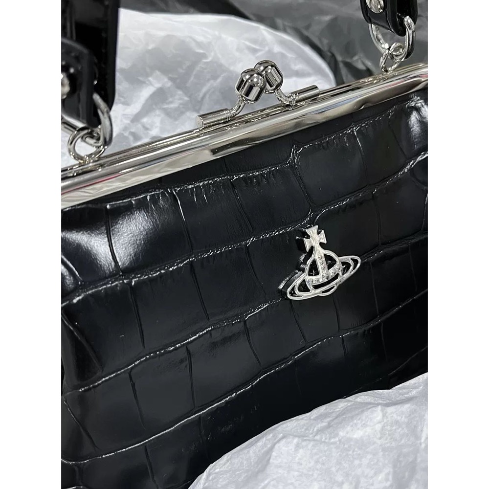 黑銀鰐魚紋 Viviennewestwood 西太后土星餃子包鏈條斜背手提復古高級質感-細節圖5