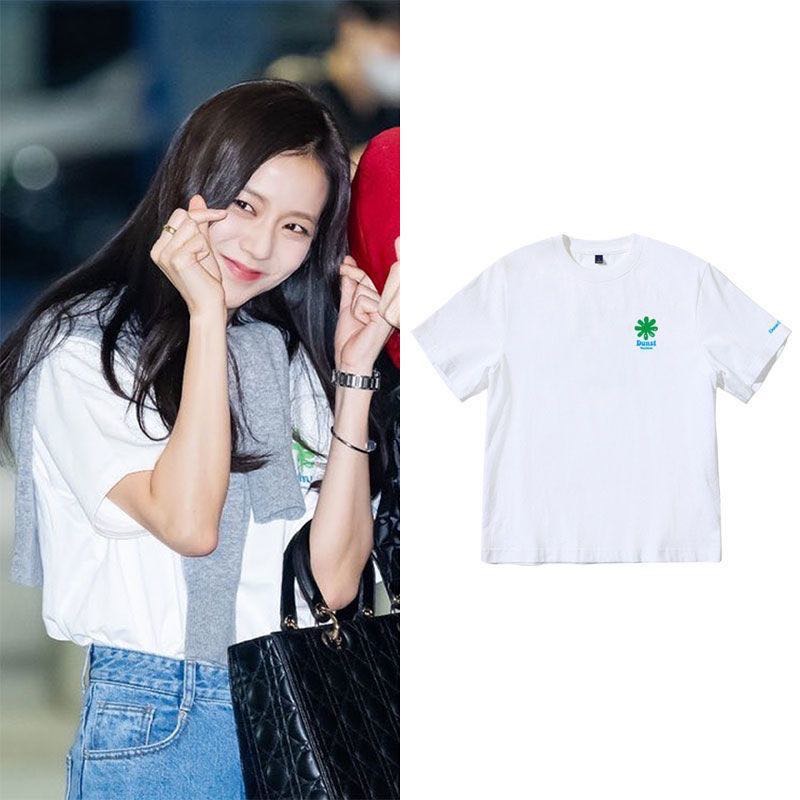 blackpink金智秀jisoo同款短袖t恤 學院好氣質 🤓寬鬆字母印花落肩上衣服 純棉舒服舒適-細節圖3