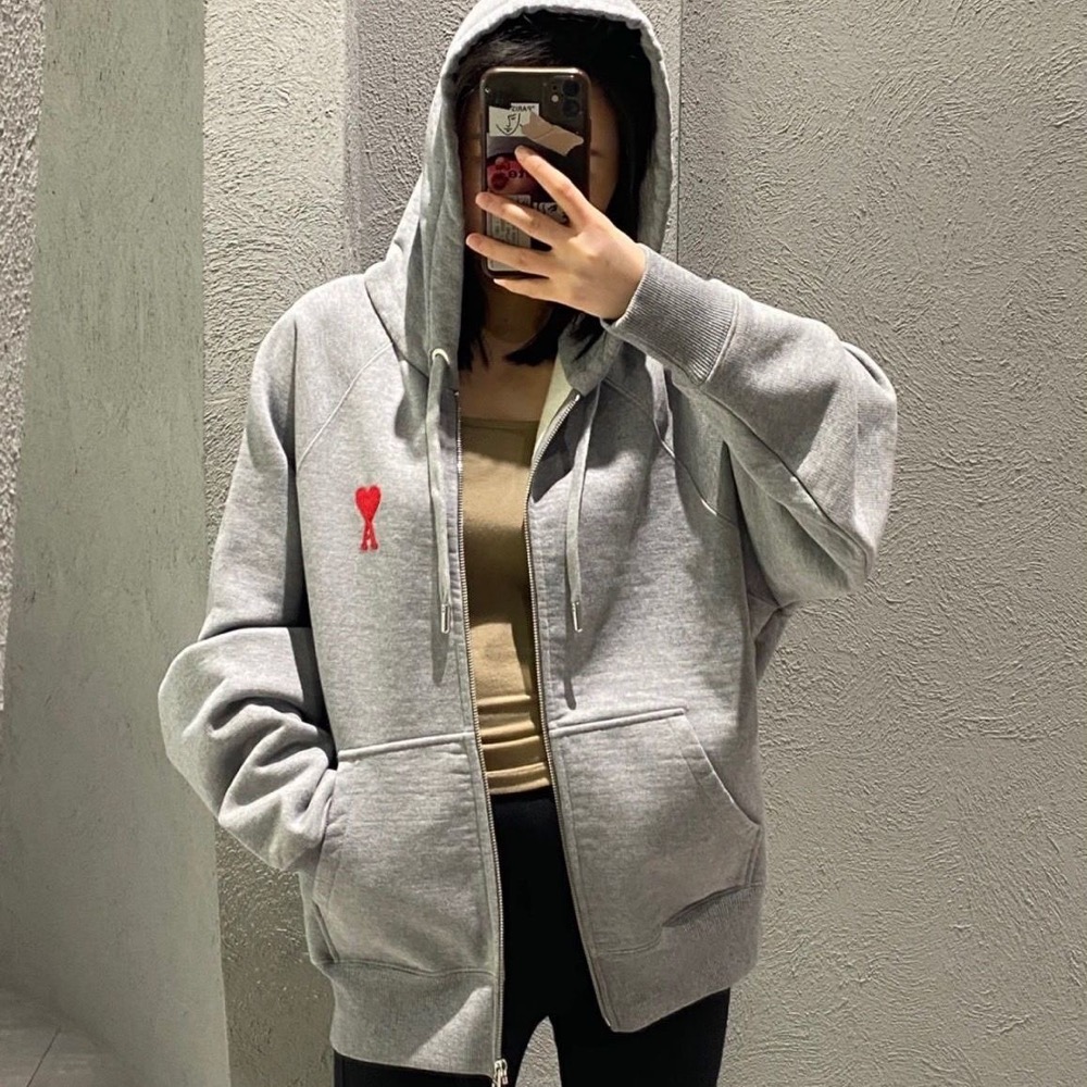AMI 新款拉鍊連帽外套 大學T 衛衣 舒服寬鬆時尚休閒 超級實穿！顯瘦百搭！中號愛心 拉鍊衛衣 開衫外套 黑白灰私留-細節圖4