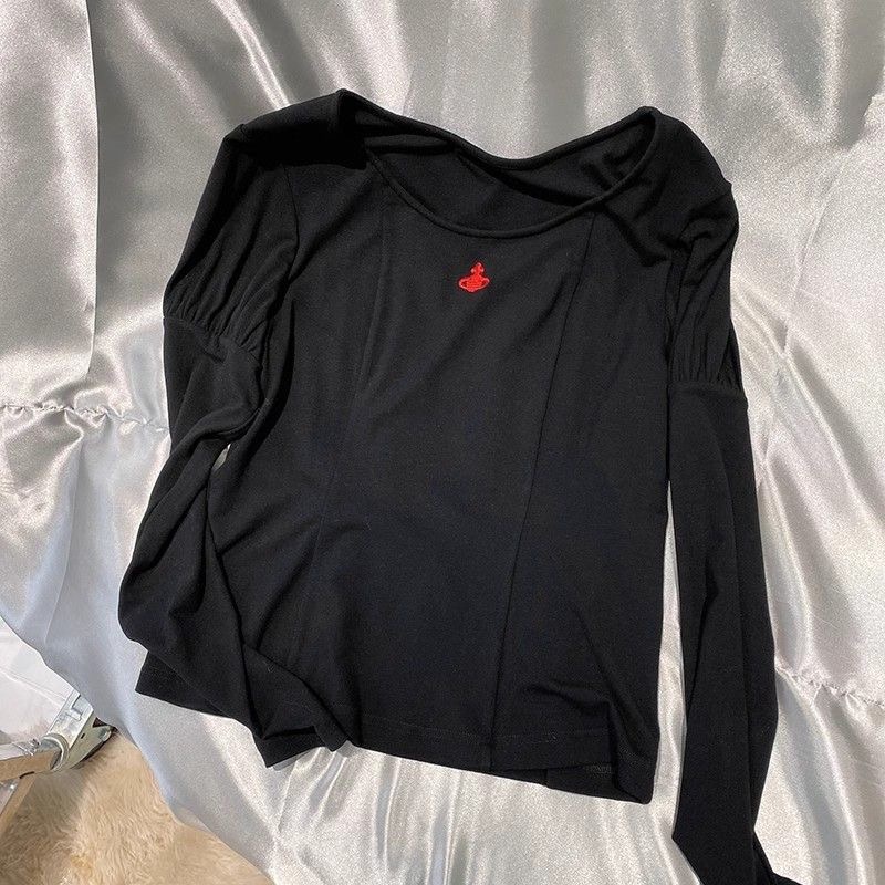 Vivienne Westwood  長袖上衣 下T恤 土星星球打底衫顯瘦T恤 土星刺繡長袖黑色修身緊身上衣 氣質百搭-細節圖2