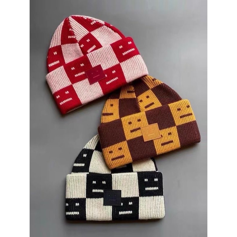 AC毛帽 棋盤格方塊針織帽 加厚羊毛冷帽 笑臉 男女情侶大頭圍毛線帽子 口愛羊毛 毛球 毛帽 針織帽 冷帽 毛線帽 貝蕾-細節圖2