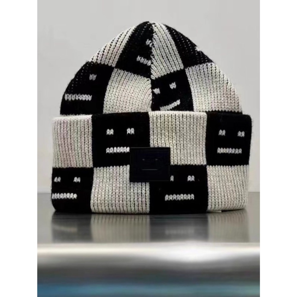 AC毛帽 棋盤格方塊針織帽 加厚羊毛冷帽 笑臉 男女情侶大頭圍毛線帽子 口愛羊毛 毛球 毛帽 針織帽 冷帽 毛線帽 貝蕾-細節圖3