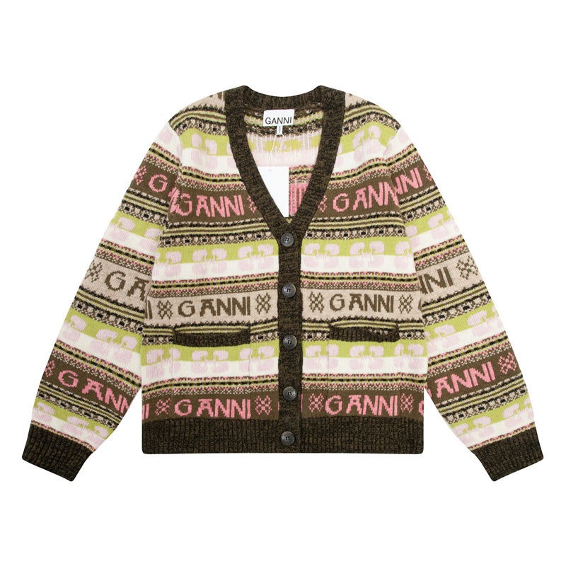 GANNI毛衣外套 針織外套 罩衫 漂亮經典蝴蝶提花新款嵌花條紋外套混色開衫針織針織衫毛衣 少女穿到奶奶都美美的💕-細節圖3