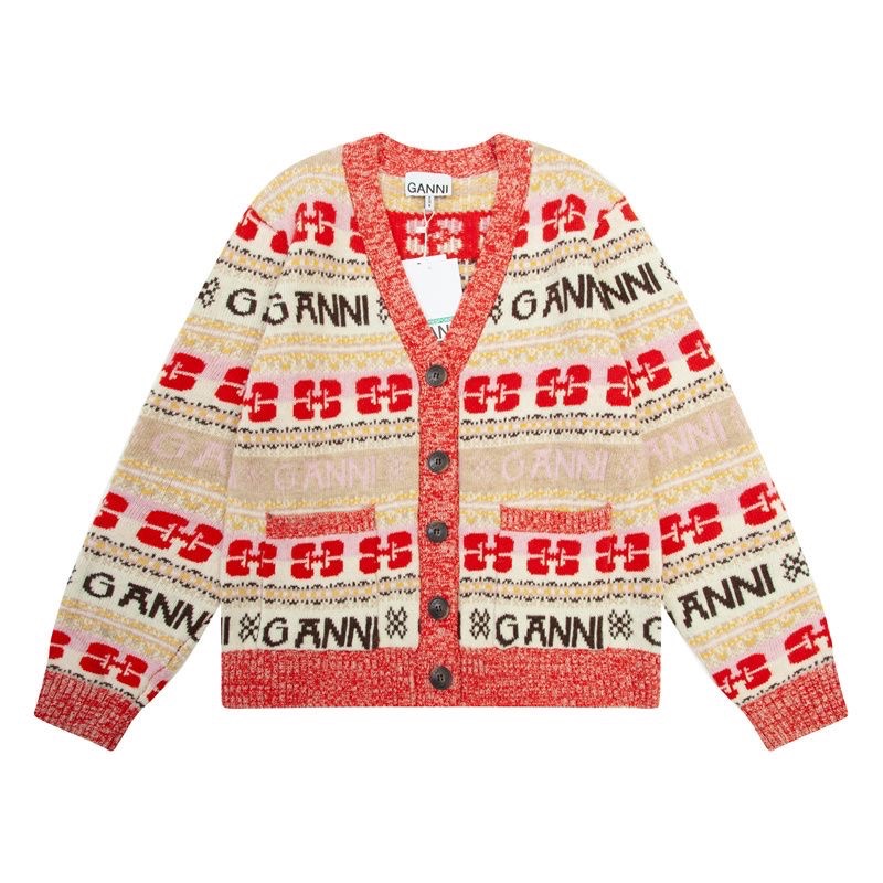 GANNI毛衣外套 針織外套 罩衫 漂亮經典蝴蝶提花新款嵌花條紋外套混色開衫針織針織衫毛衣 少女穿到奶奶都美美的💕-細節圖5