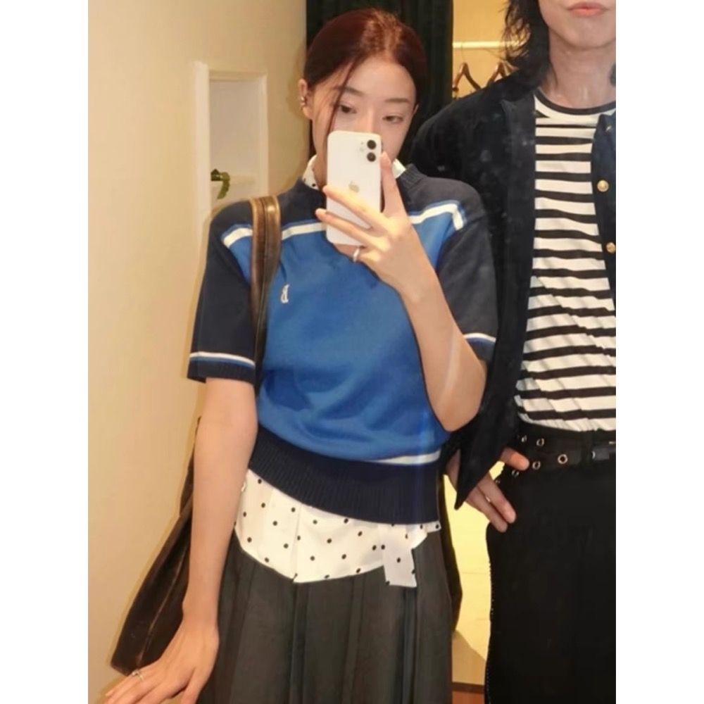 韓國the barnnet 針織衫 上衣 八奶寬松復古撞色字母針織短袖好氣質 別緻的女孩-細節圖2