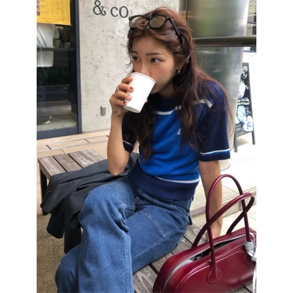 韓國the barnnet 針織衫 上衣 八奶寬松復古撞色字母針織短袖好氣質 別緻的女孩-細節圖3