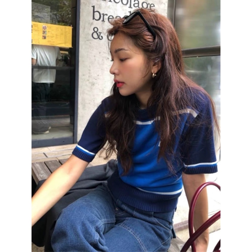 韓國the barnnet 針織衫 上衣 八奶寬松復古撞色字母針織短袖好氣質 別緻的女孩-細節圖4