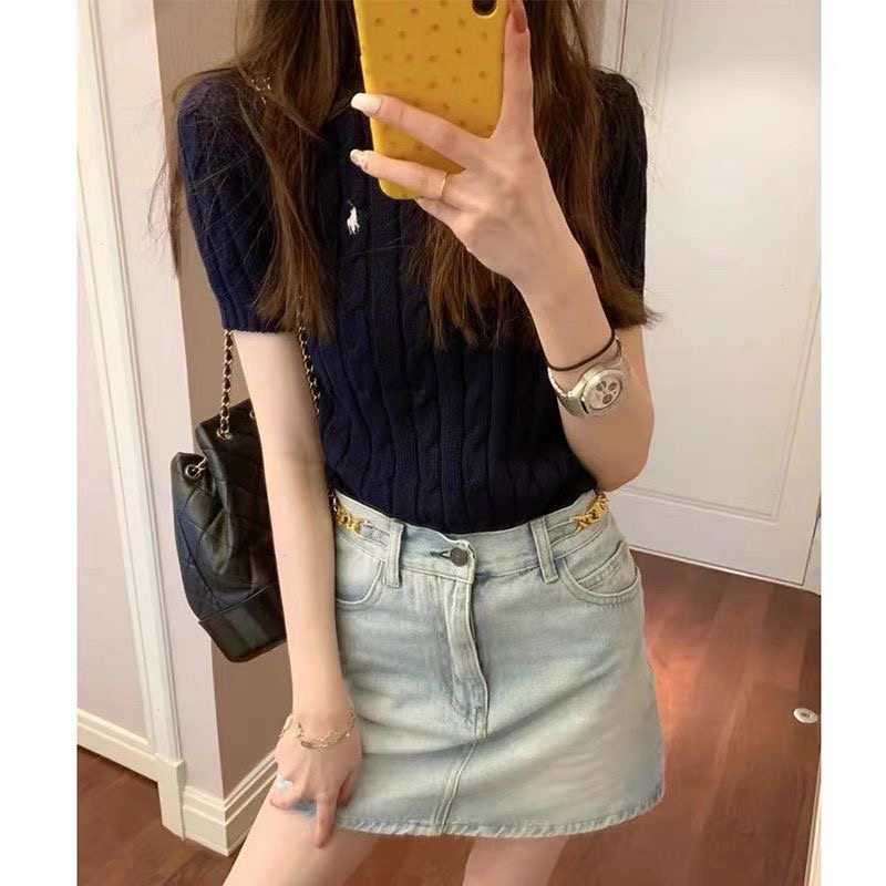 RL polo小馬刺繡圓領針織衫 毛衣 上衣 麻花短袖圓領 學院風 修身打底T恤 氣質百搭舒服-細節圖3