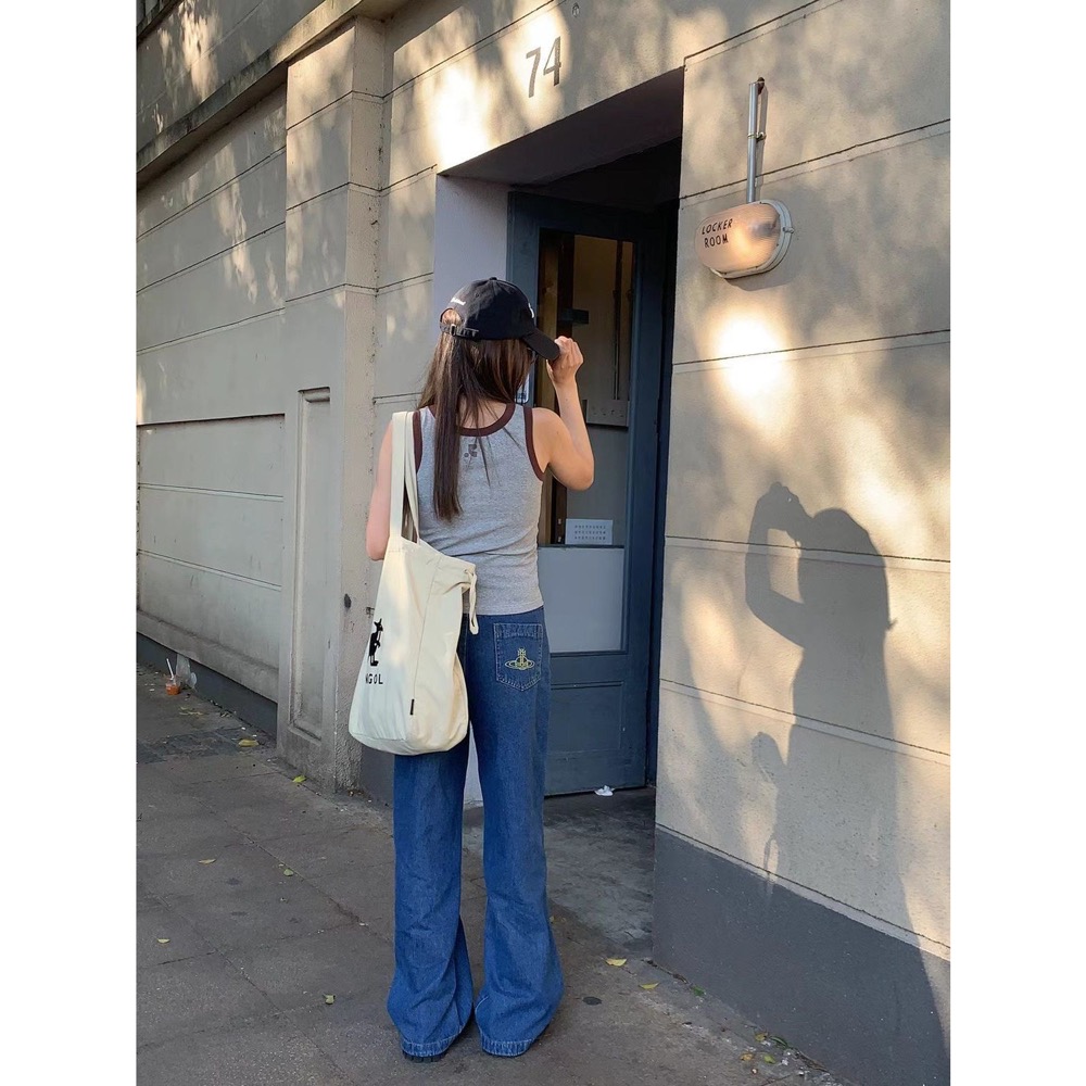 Vivienne Westwood 牛仔褲 土星刺繡高腰闊腿牛仔褲 拖地喇叭褲 微寬管褲 復古百搭 舒適休閒時尚 顯瘦！-細節圖3