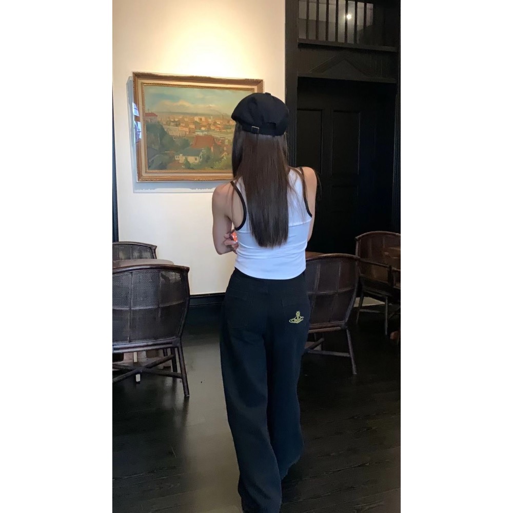 Vivienne Westwood 牛仔褲 土星刺繡高腰闊腿牛仔褲 拖地喇叭褲 微寬管褲 復古百搭 舒適休閒時尚 顯瘦！-細節圖4