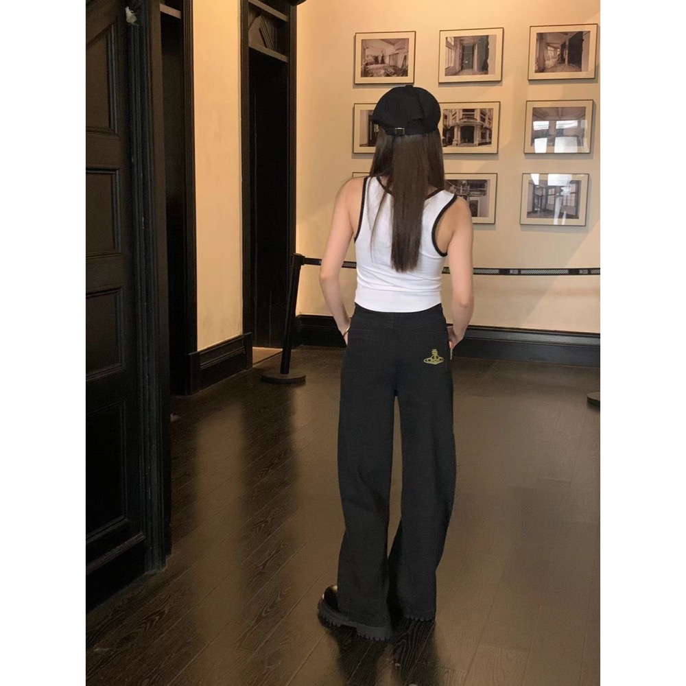 Vivienne Westwood 牛仔褲 土星刺繡高腰闊腿牛仔褲 拖地喇叭褲 微寬管褲 復古百搭 舒適休閒時尚 顯瘦！-細節圖5