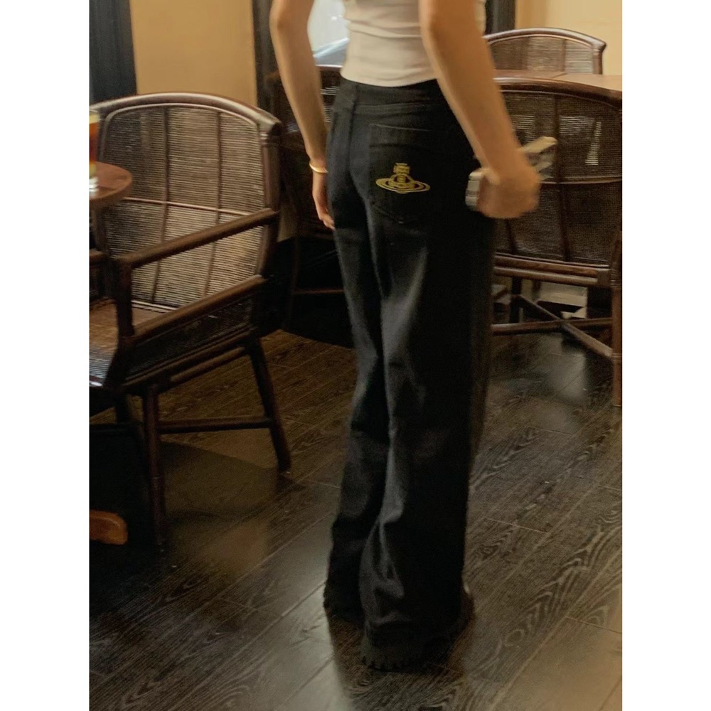 Vivienne Westwood 牛仔褲 土星刺繡高腰闊腿牛仔褲 拖地喇叭褲 微寬管褲 復古百搭 舒適休閒時尚 顯瘦！-細節圖6