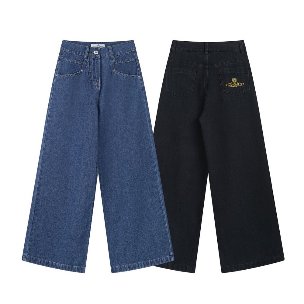 Vivienne Westwood 牛仔褲 土星刺繡高腰闊腿牛仔褲 拖地喇叭褲 微寬管褲 復古百搭 舒適休閒時尚 顯瘦！-細節圖7