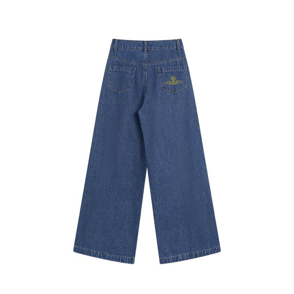 Vivienne Westwood 牛仔褲 土星刺繡高腰闊腿牛仔褲 拖地喇叭褲 微寬管褲 復古百搭 舒適休閒時尚 顯瘦！-細節圖8