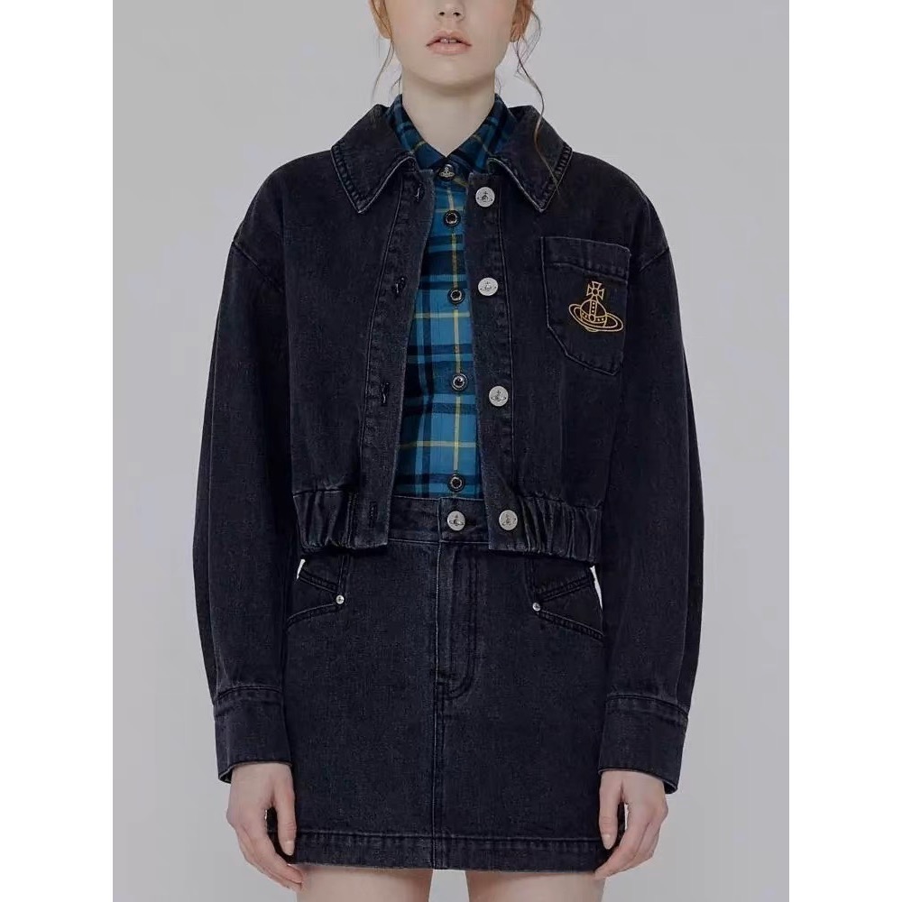 Vivienne Westwood 牛仔短裙 牛仔外套復古夾克 百搭短裙 經典土星刺繡短款外套 清爽有氣質 私留 推！-細節圖5