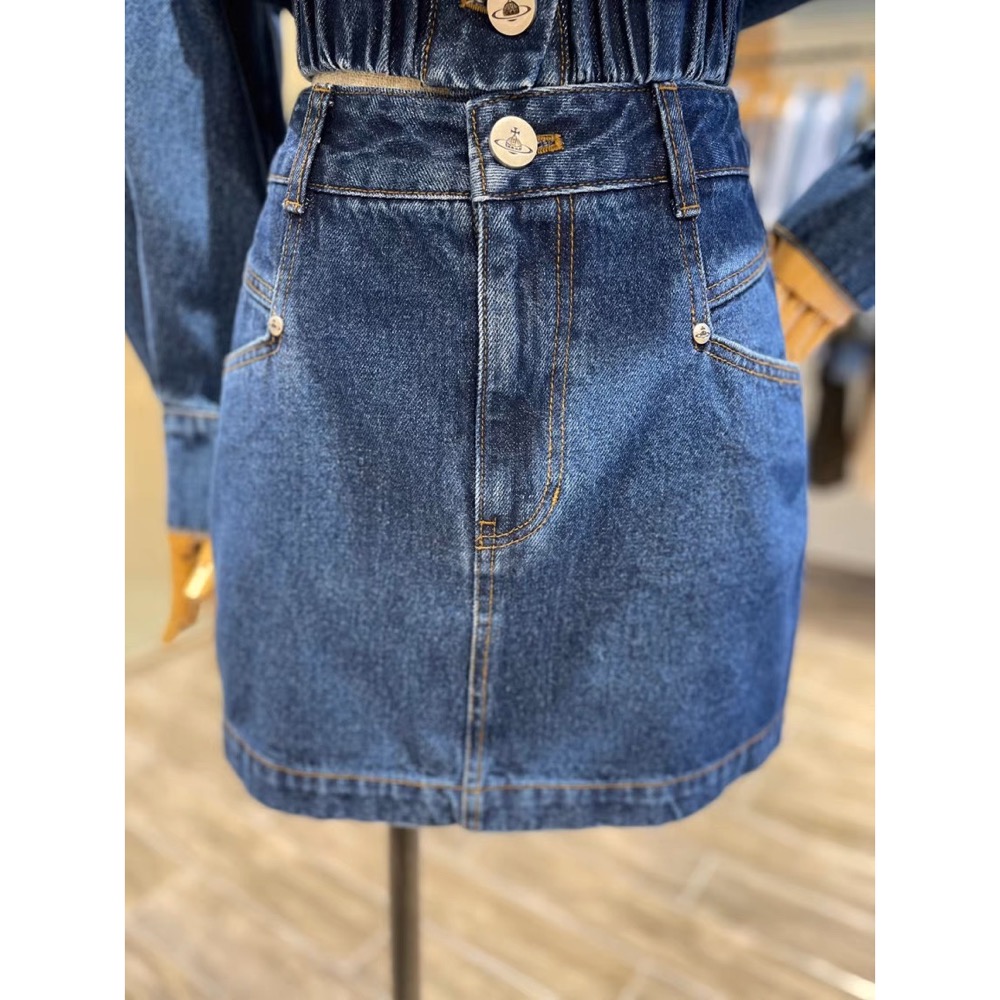 Vivienne Westwood 牛仔短裙 牛仔外套復古夾克 百搭短裙 經典土星刺繡短款外套 清爽有氣質 私留 推！-細節圖9