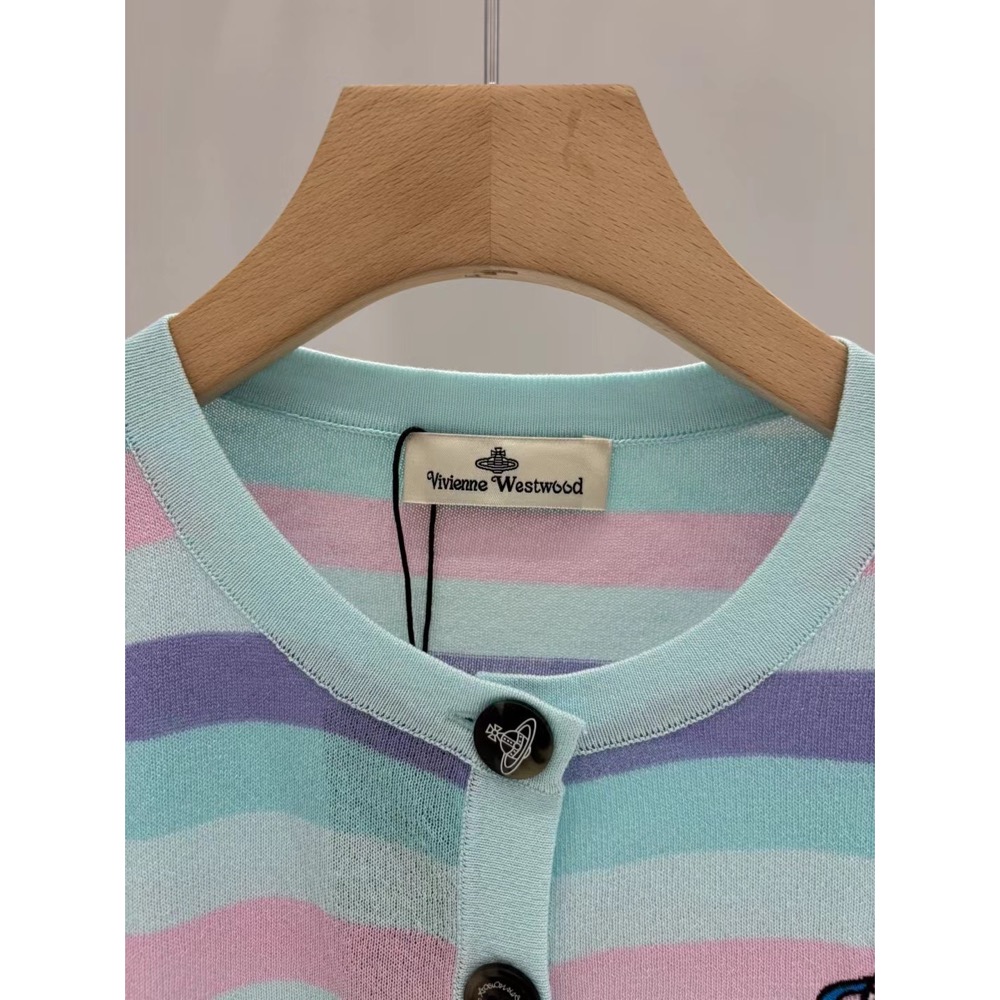 Vivienne Westwood 針織衫 針織外套 小外套  上衣 土星提花彩色條紋拼色刺繡logo針織短袖 防曬外套-細節圖2