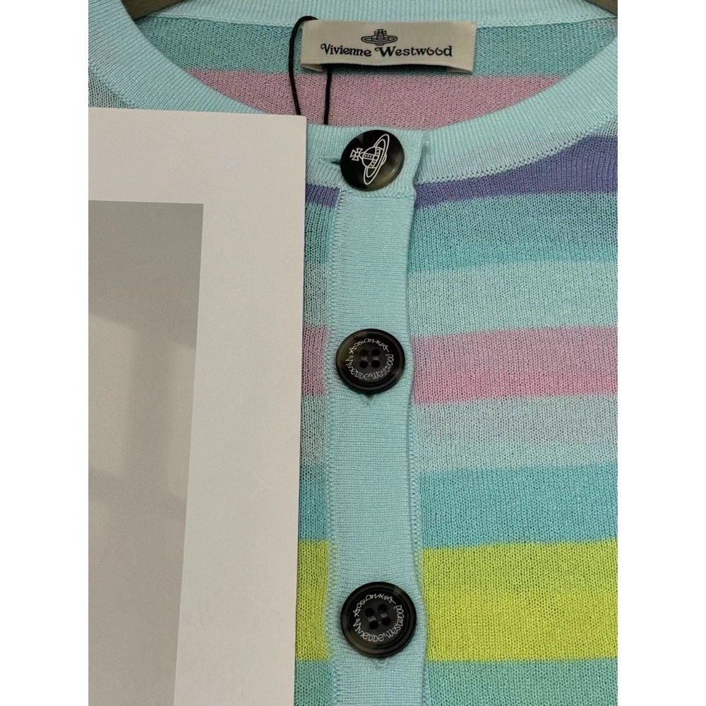 Vivienne Westwood 針織衫 針織外套 小外套  上衣 土星提花彩色條紋拼色刺繡logo針織短袖 防曬外套-細節圖3