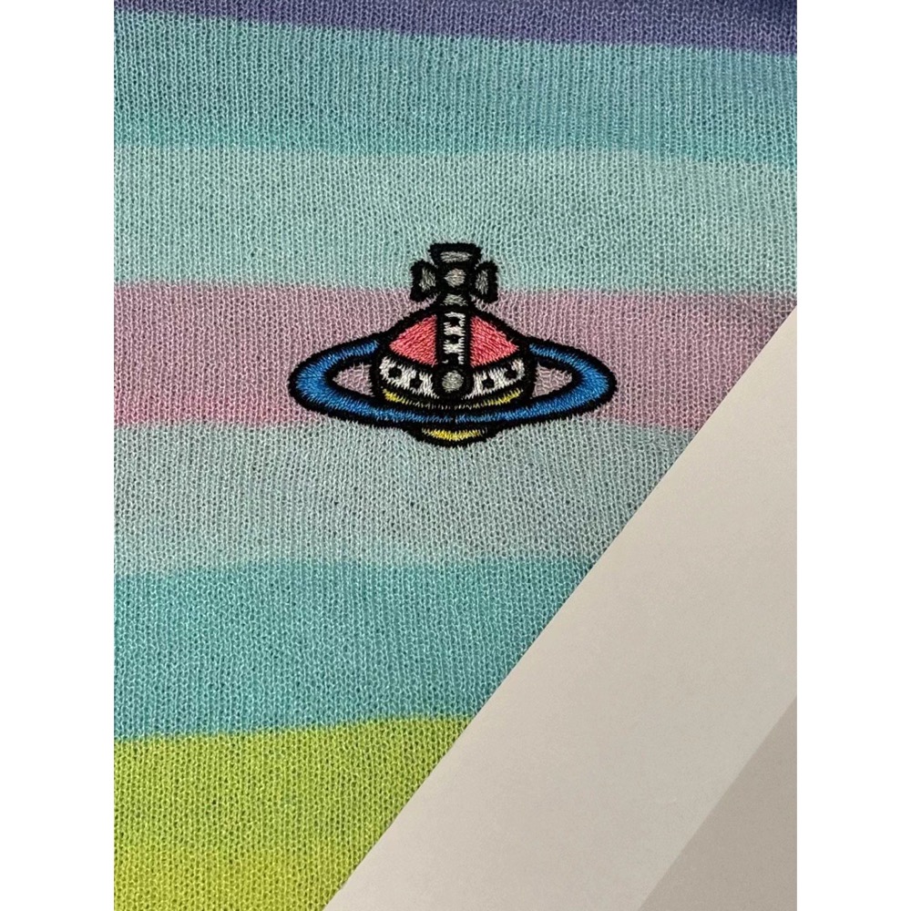Vivienne Westwood 針織衫 針織外套 小外套  上衣 土星提花彩色條紋拼色刺繡logo針織短袖 防曬外套-細節圖5