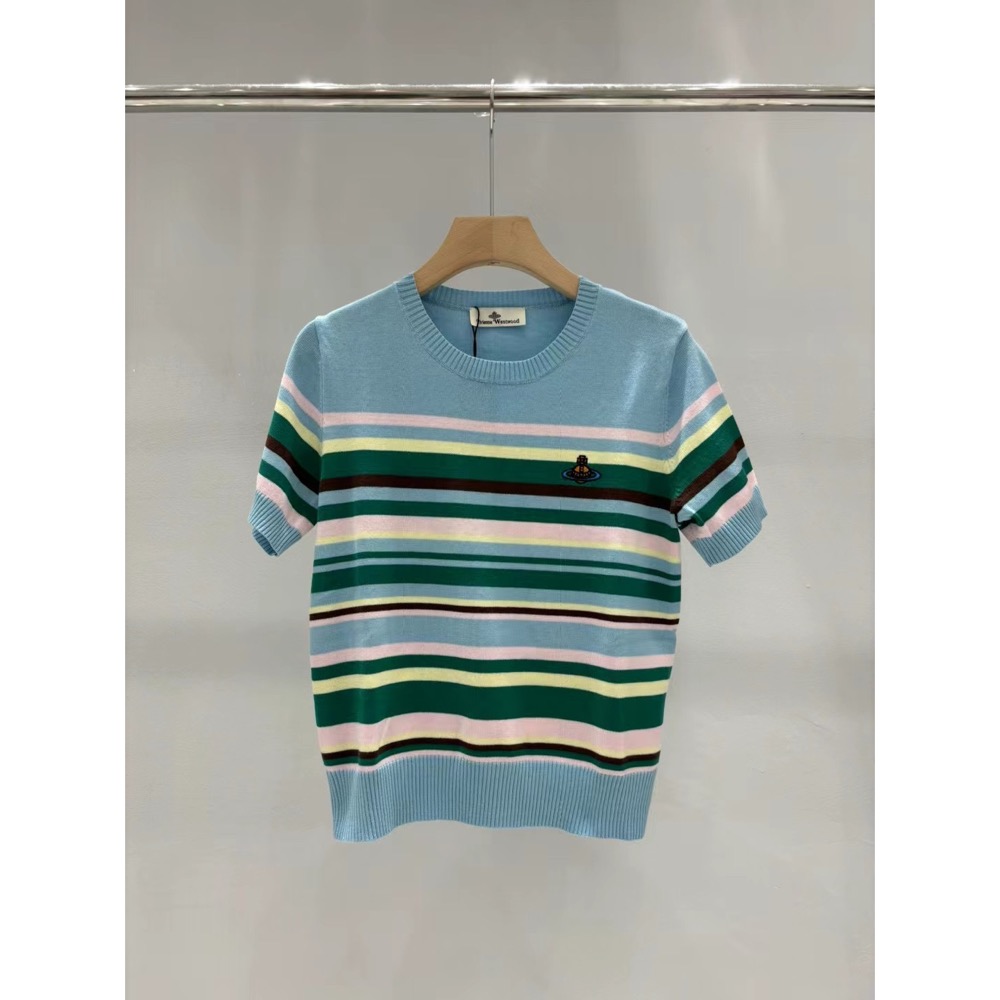Vivienne Westwood 針織衫 針織外套 小外套  上衣 土星提花彩色條紋拼色刺繡logo針織短袖 防曬外套-細節圖6
