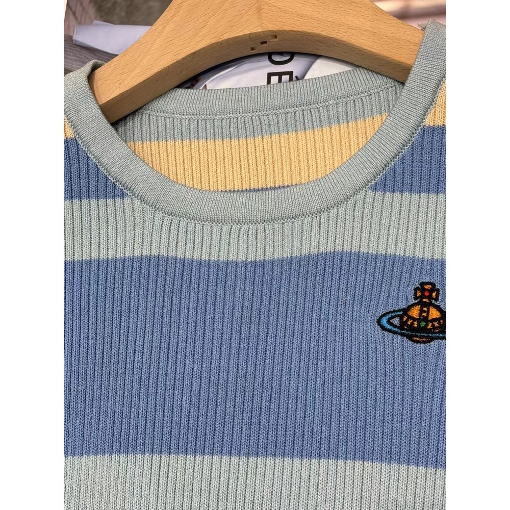 Vivienne Westwood 針織衫 針織外套 小外套  上衣 土星提花彩色條紋拼色刺繡logo針織短袖 防曬外套-細節圖11