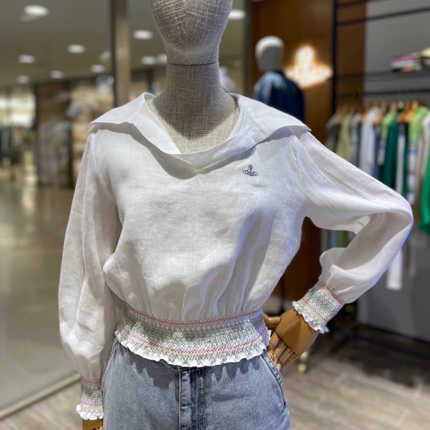 Vivienne Westwood 襯衫 上衣 土星繡花白色兜領苧麻襯衫 長袖翻領寬松套頭 淸新好氣質  SML  一個-細節圖2