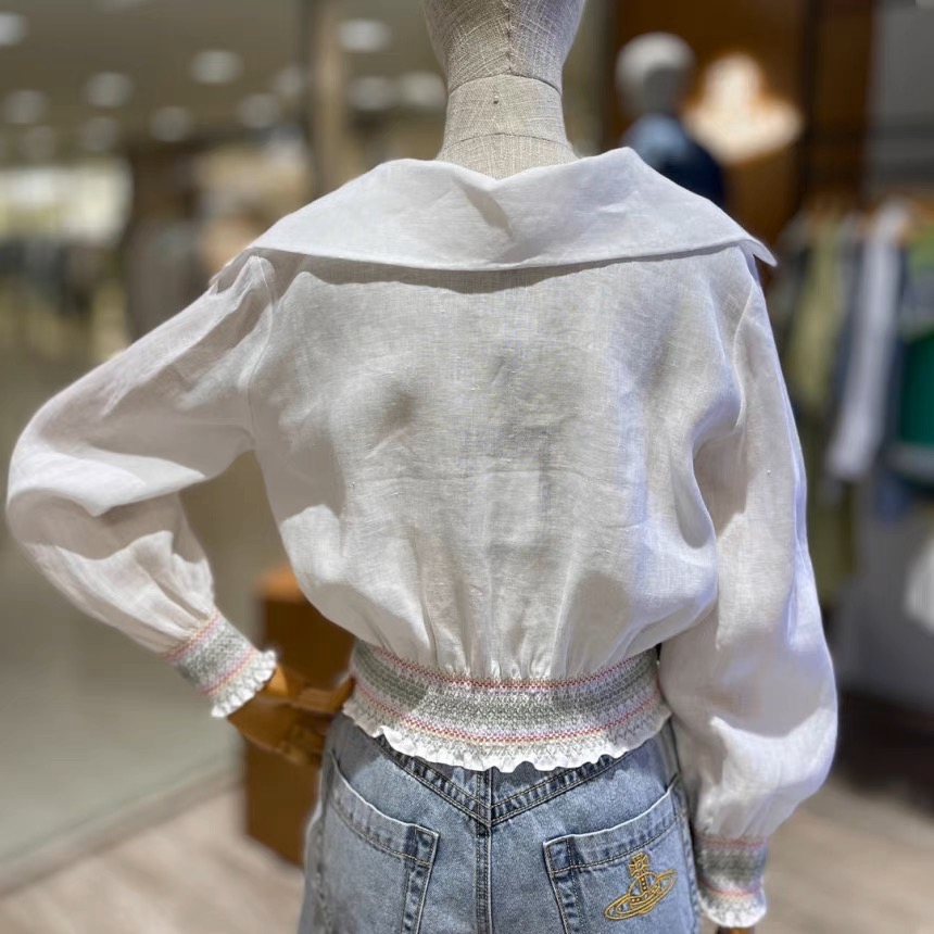 Vivienne Westwood 襯衫 上衣 土星繡花白色兜領苧麻襯衫 長袖翻領寬松套頭 淸新好氣質  SML  一個-細節圖3
