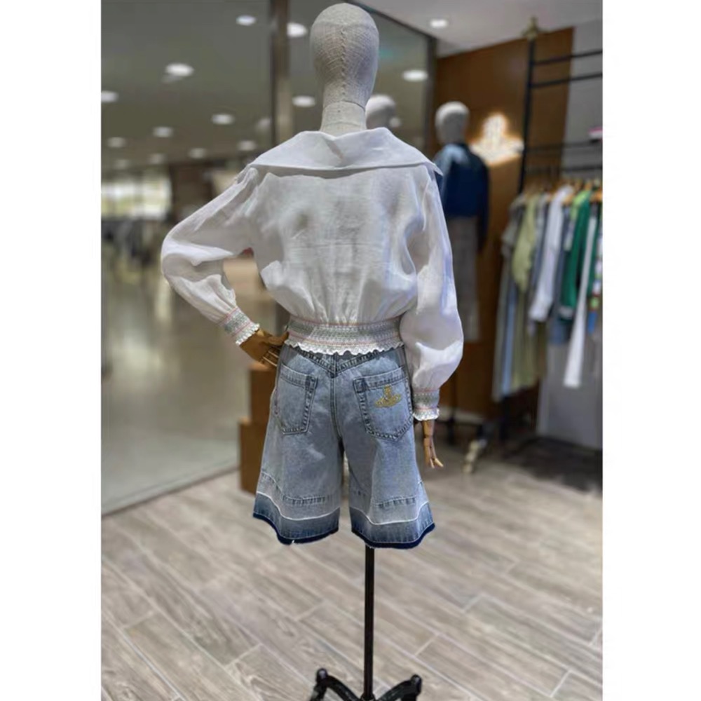 Vivienne Westwood 襯衫 上衣 土星繡花白色兜領苧麻襯衫 長袖翻領寬松套頭 淸新好氣質  SML  一個-細節圖4