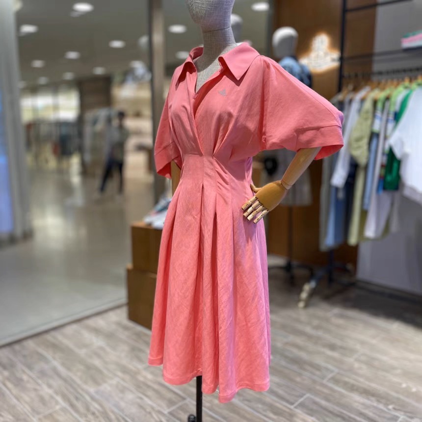 Vivienne Westwood 土星好氣質洋裝 polo領 襯衫連衣裙 連身裙 中長款泡泡袖寬松休閒顯瘦收腰百摺長裙-細節圖2