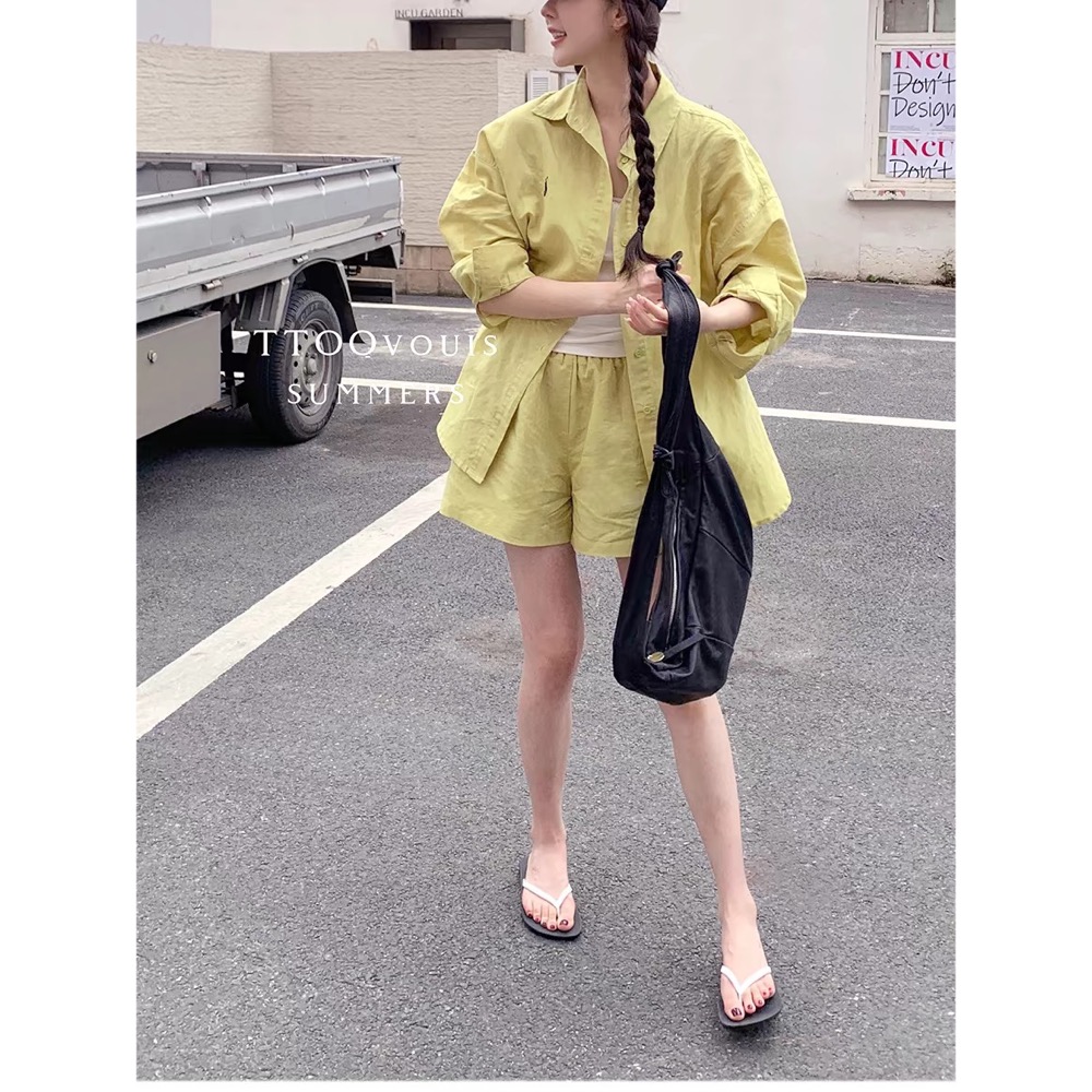 RL polo 套裝 休閒亞麻襯衫 防曬外套 高腰短褲 運動兩件套裝 好氣質經典小馬標寬松長袖T 休閒短褲 上衣，清爽有-細節圖4