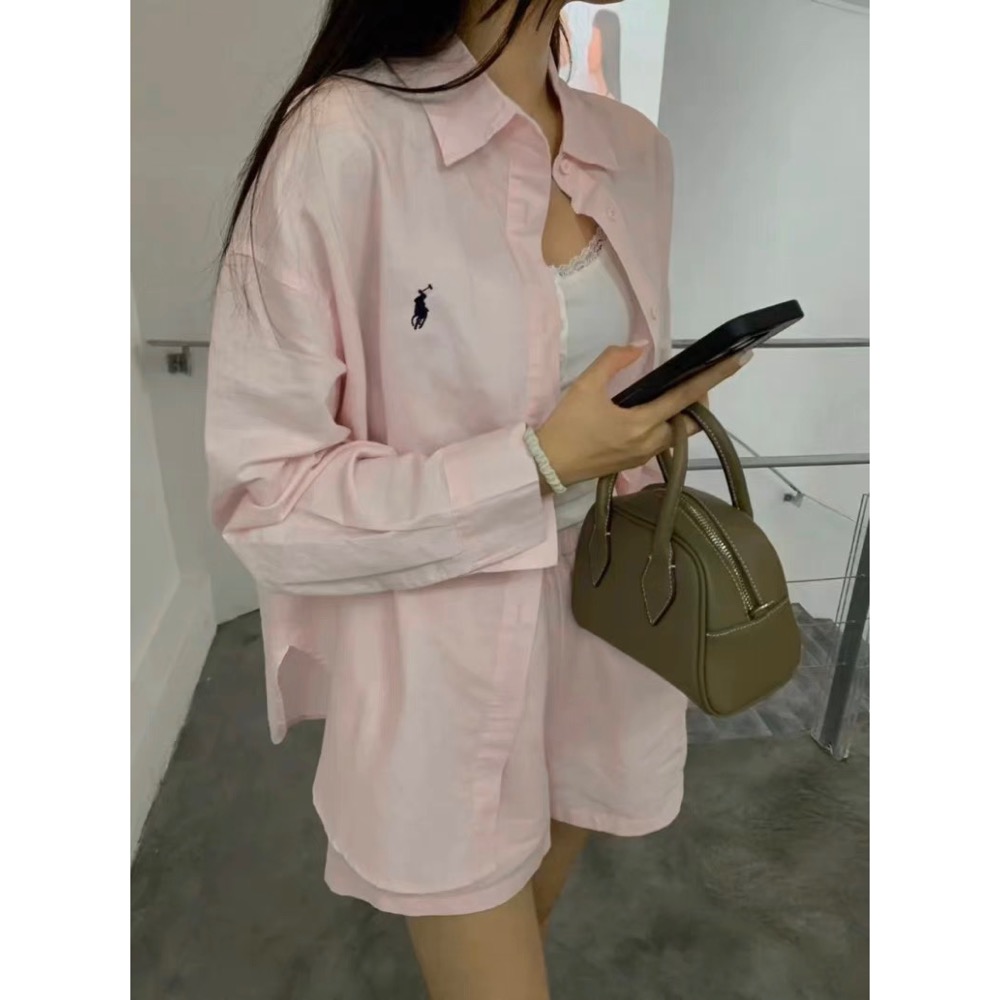 RL polo 套裝 休閒亞麻襯衫 防曬外套 高腰短褲 運動兩件套裝 好氣質經典小馬標寬松長袖T 休閒短褲 上衣，清爽有-細節圖5