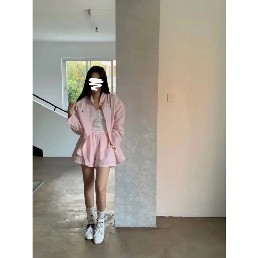 RL polo 套裝 休閒亞麻襯衫 防曬外套 高腰短褲 運動兩件套裝 好氣質經典小馬標寬松長袖T 休閒短褲 上衣，清爽有-細節圖8