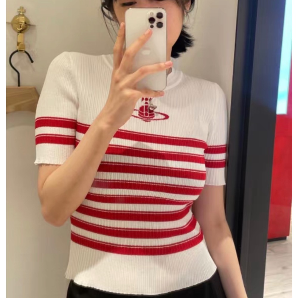 2款氣質系針織 Vivienne Westwood 上衣 土星提花修身針織短袖圓領彈力休閒顯瘦!  下標後留身高體重 各-細節圖2