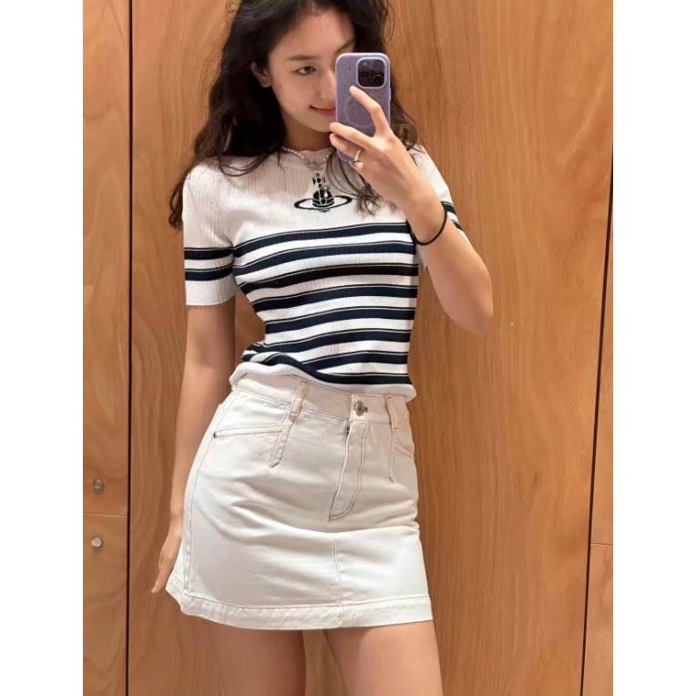 2款氣質系針織 Vivienne Westwood 上衣 土星提花修身針織短袖圓領彈力休閒顯瘦!  下標後留身高體重 各-細節圖3