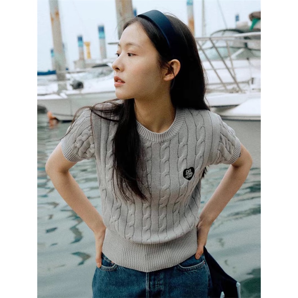 韓國callmebaby針織衫 上衣 T恤 糖果多巴愛心刺繡螺紋麻花純棉短袖 好氣質百搭-細節圖2